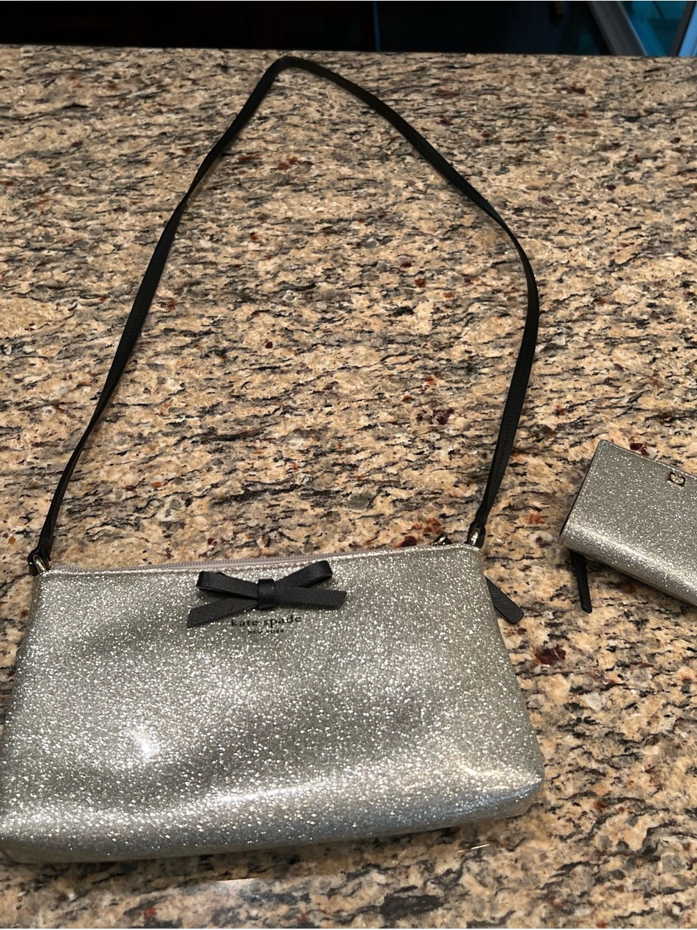 kate spade Silver Glitter Crossbody with Black Bow